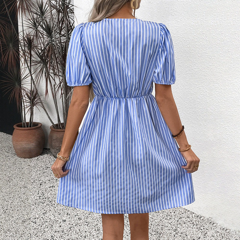 Vintage Striped Dress Summer Collection Round Neck Bow Tie Detail Elegant Style Wholesale Available