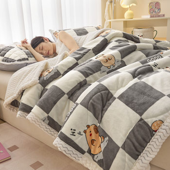 Winter Thickeneded Three-Layer Quilted Milk Velvet Multifunctional Blanket Blanket Warm Fleece-Lined Student Dormitory Blanket Cover Blanket