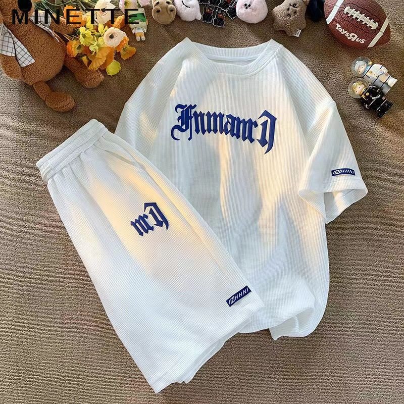 跨境华夫格休闲套装男夏季冰丝短袖t恤男装一套搭配运动衣服批发