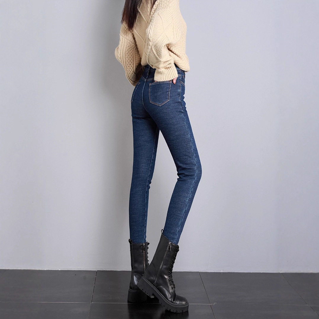 High Waisted Vintage Denim Pants Thickened Fleece Lined Slim Fit Autumn Winter Womens Fashion Wholesale Available