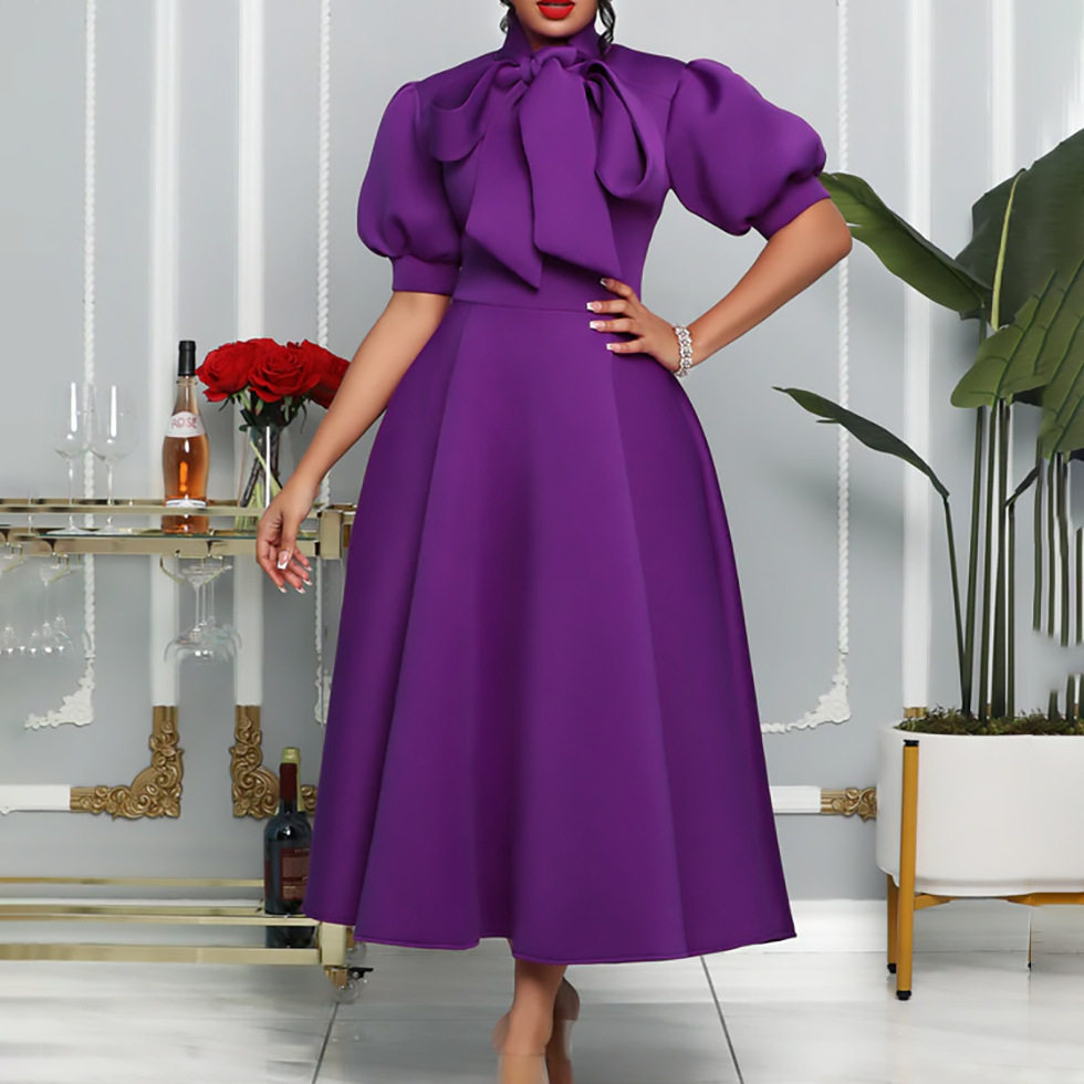 Plus Size Womens Summer Dress Solid Color Bow Tie Flared Hem Elegant Party Gown Wholesale Available