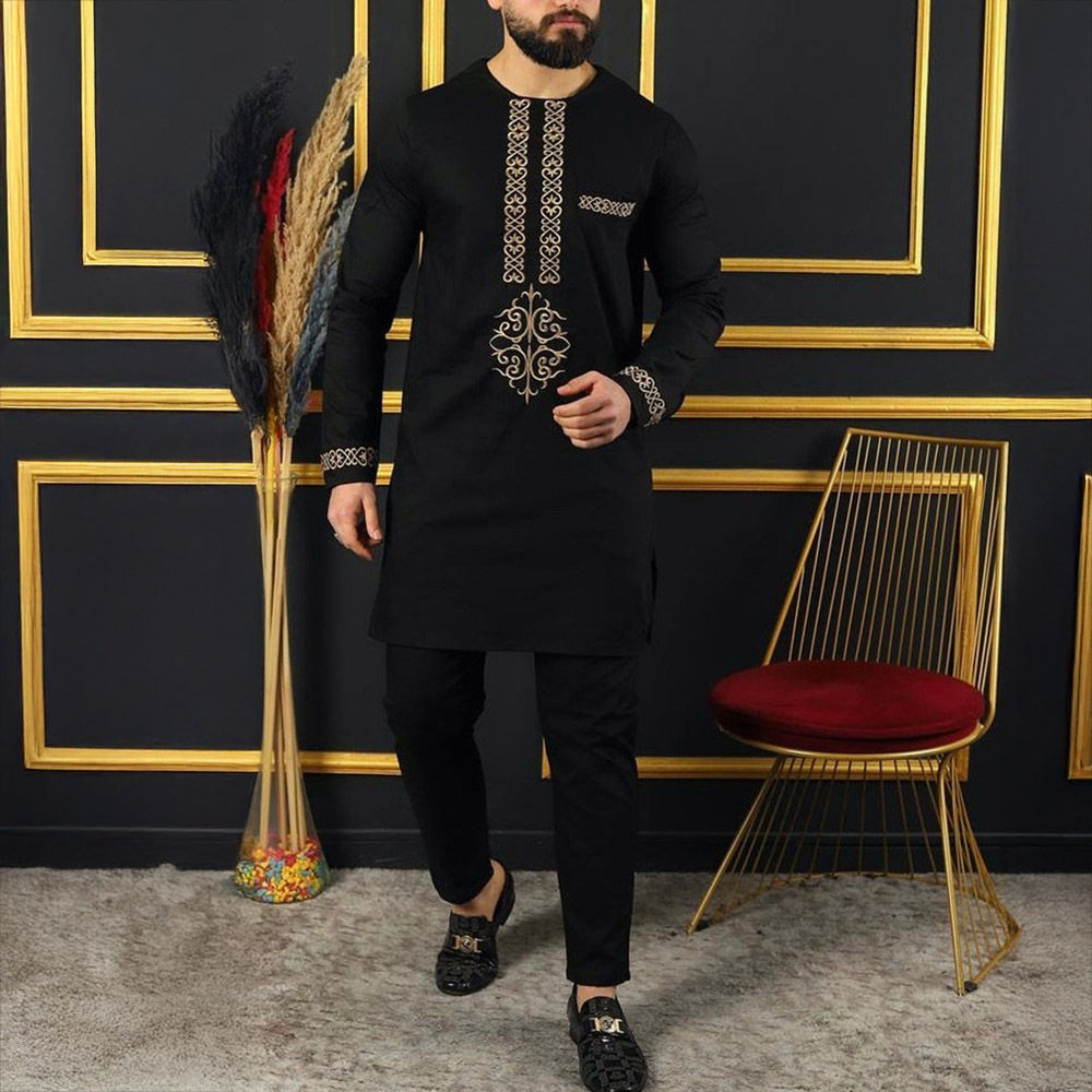 传统外贸非洲风格男士结婚新西装2件套圆领长袖上衣加裤子外贸