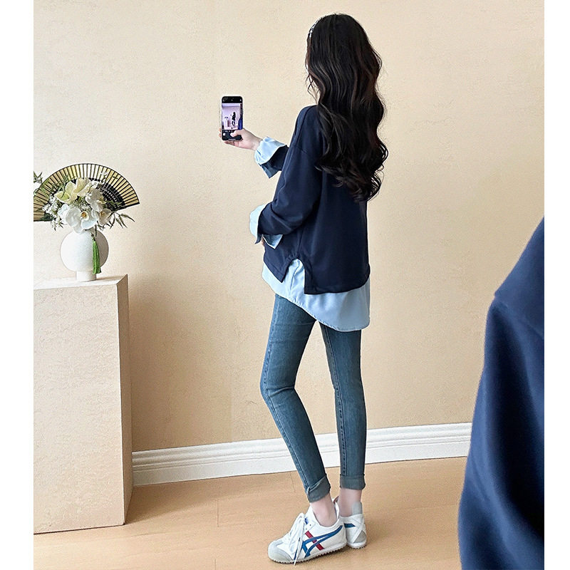Loose A version of the belly cover does not show pregnant women's sweater fashion suit long sleeve top women's autumn stretch jeans