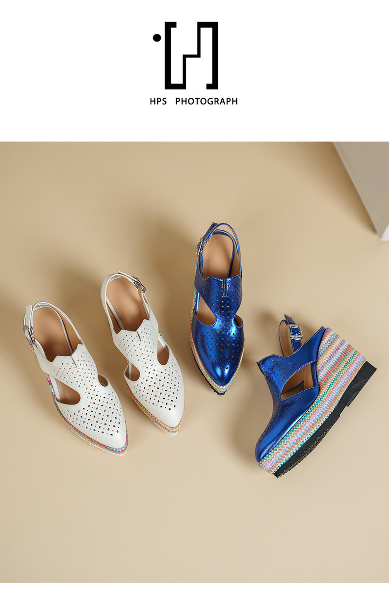 Sandal La Mã nữ da thật gót xuồng 10cm đế bánh mì tăng chiều cao — Màu be, Màu xanh dương