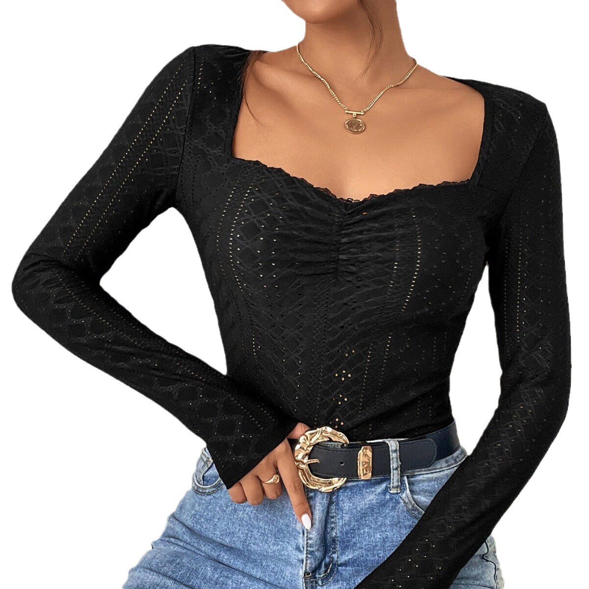 Womens Basic Fashion T Shirt Simple Design Square Neck Long Sleeve Lace Trim Solid Color Spring Summer Wear