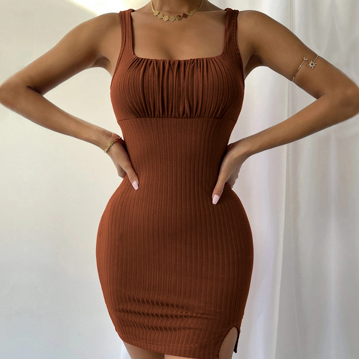 Womens Knitted Bodycon Dress Sexy Split Design Slim Fit Spaghetti Straps Spring Summer Fashion Wholesale Available