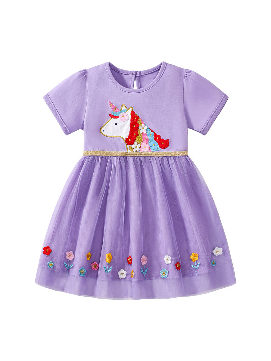 Kids' Summer Short-Sleeve Mesh Princess Dress, Cute Cotton Dress