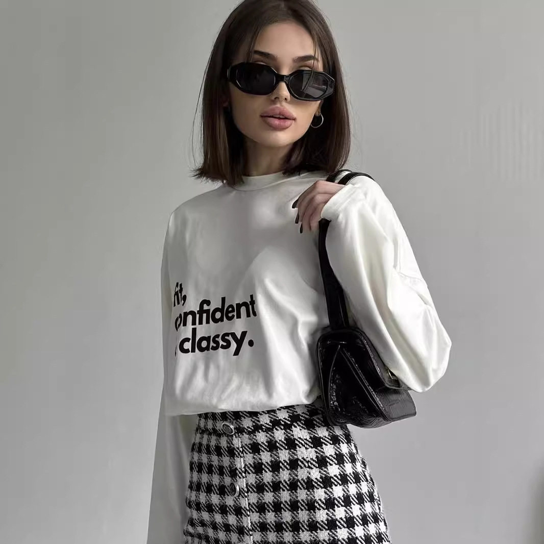 Vintage American Graphic T Shirt for Women Loose Fit Long Sleeve Cotton Letter Print Casual Wear Ready to Ship