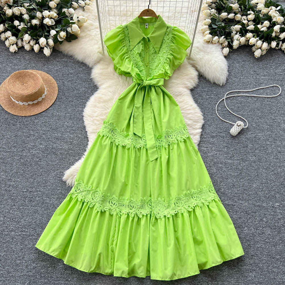 Elegant Vintage Lace Panel Waist Defined Short Sleeve Dress for Women Flowy Maxi Style Available in Red White Green Wholesale
