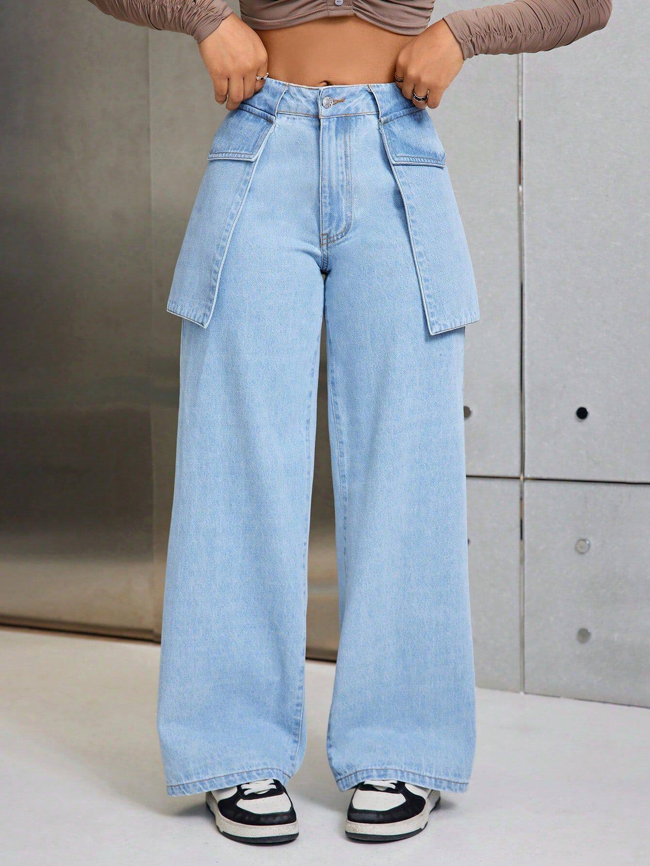 Wide Leg Denim Trousers Casual Style Large Pockets Comfortable Fit Womens Fashion for Everyday Wear Ready to Ship