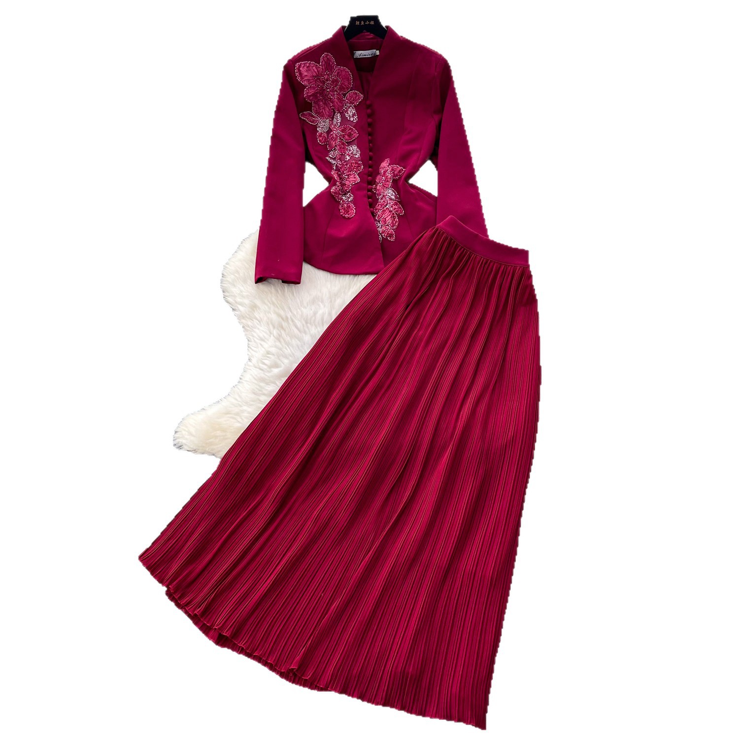 French Chic V Neck Embroidered Jacket with High Waisted Pleated Skirt Elegant Slim Fit Stylish Spring Fall Womens