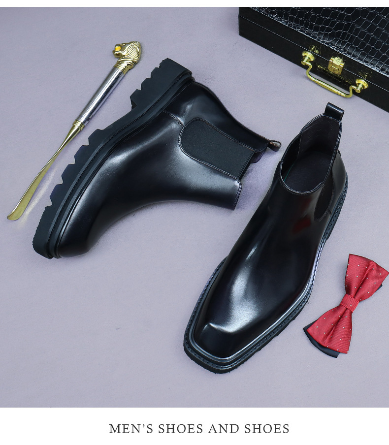 Boot Chelsea nam da bò cổ thấp đế dày phong cách công sở — Lớp lót lông cừu màu nâu cà phê, Màu đen, Lót lông cừu màu đen, Màu cà phê