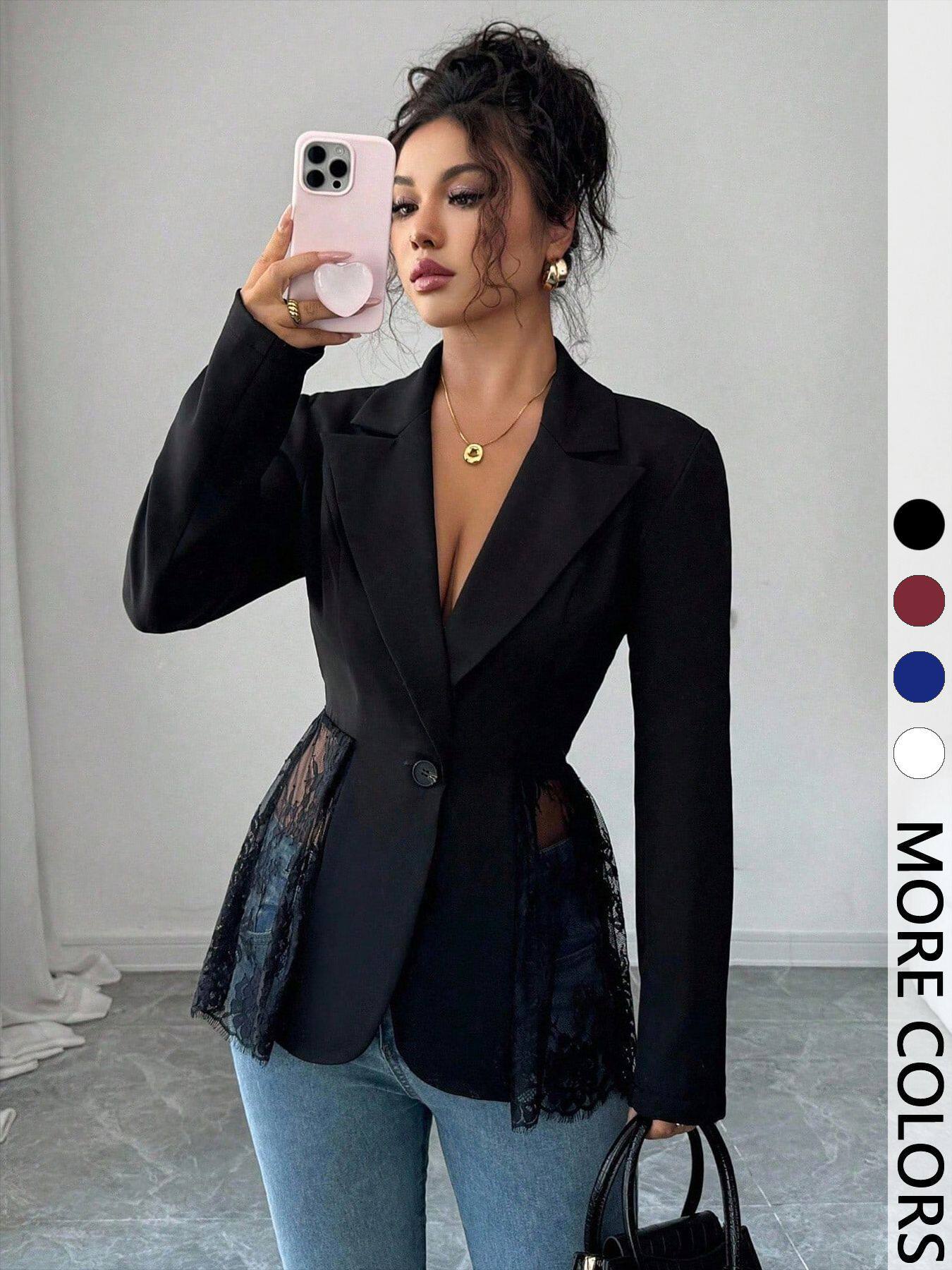 Contrast Color Lace Waist Slim A-Line Women's Suit Jacket