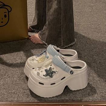 Cute Cartoon Blue and White Chain Platform Cave Shoes Women's Outwear 2024 Summer New Style Slip-on Two-Wear Sandals