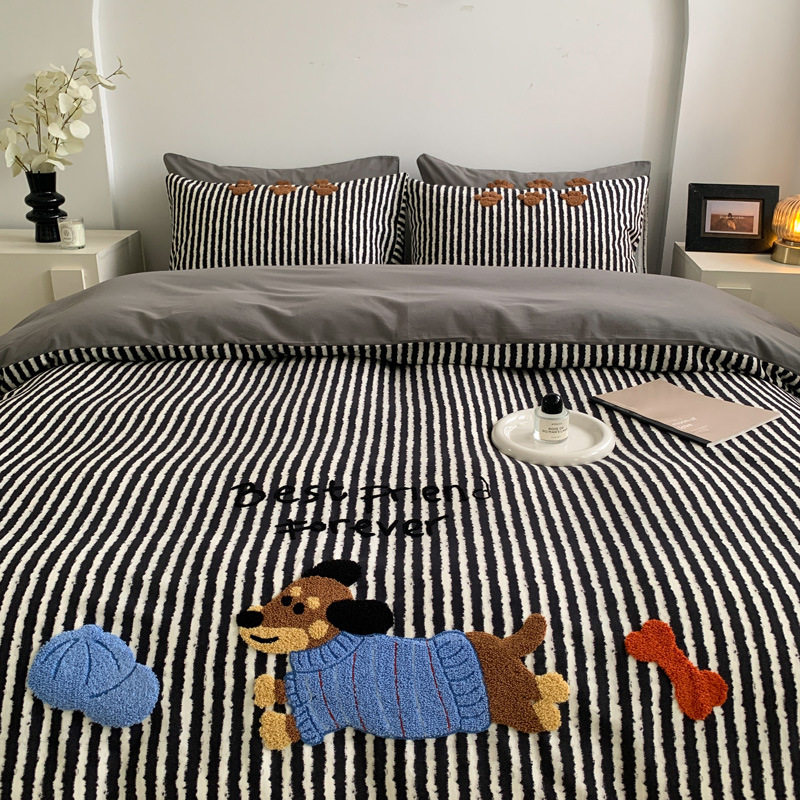 Autumn and winter thick sanding four-piece cotton cotton 2024 new cartoon boys and girls bed three-piece set
