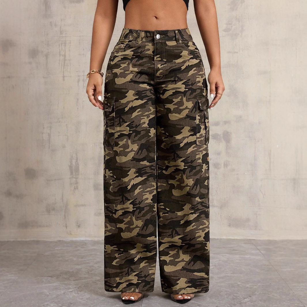 Camouflage Wide Leg Cargo Pants Casual Style Streetwear Trend Comfortable Fit Wholesale Available