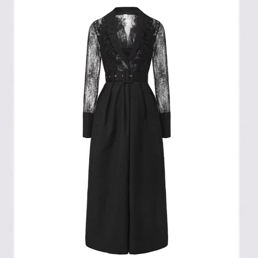 Elegant Beaded Lace Panel V Neck Dress High End Sophisticated Design Perfect for Evening Events and Formal Occasions