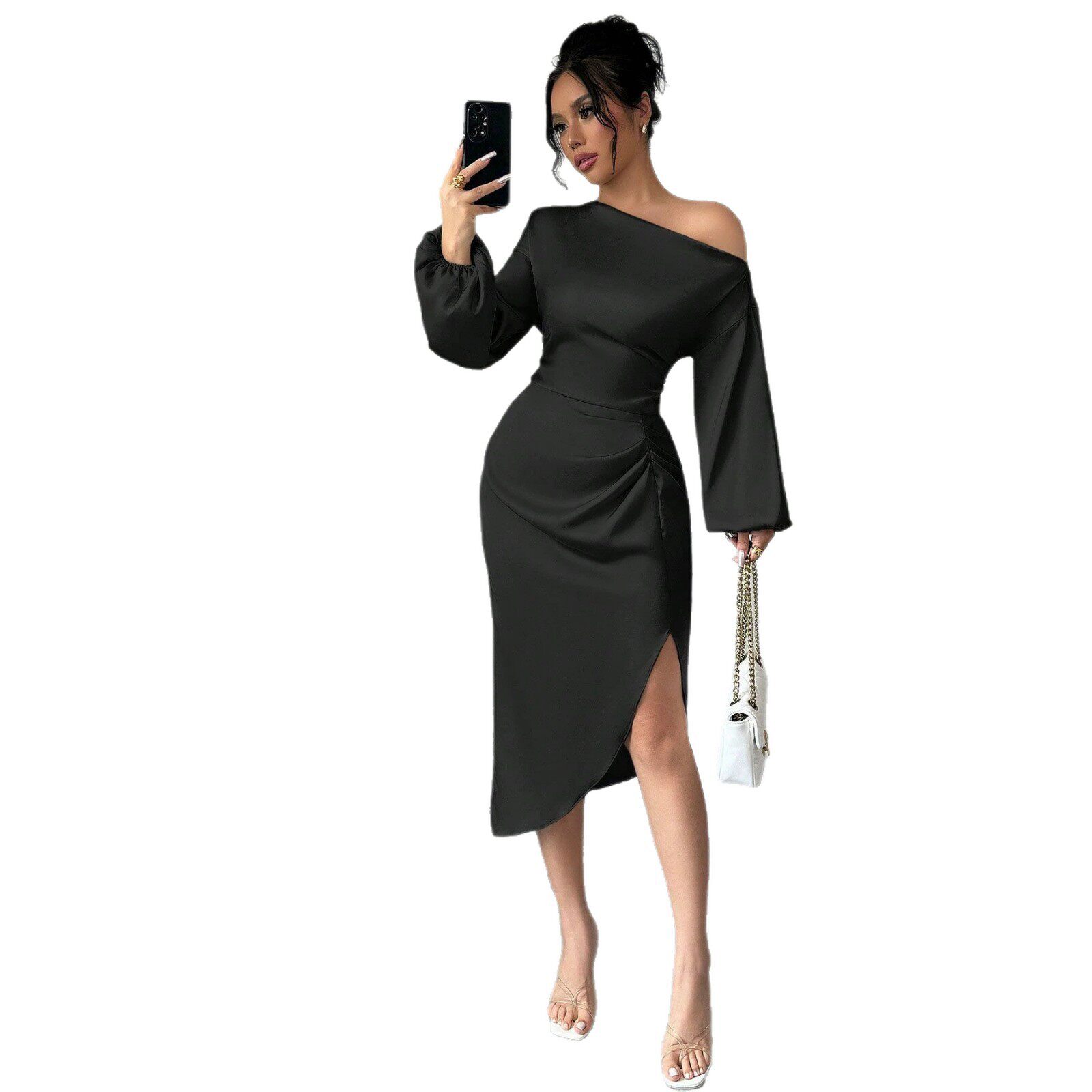 Asymmetrical Long Sleeve Dress Ruched Slit Bodycon Fit Elegant Evening Wear Wholesale Available
