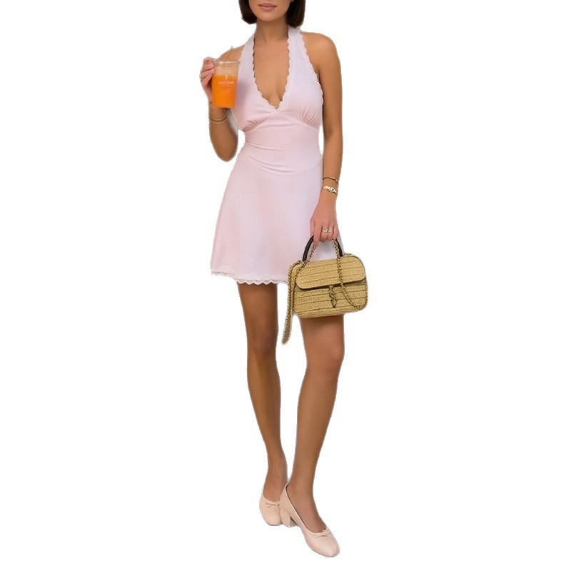 Elegant Womens Dress Summer Collection Solid Color V Neck Lace Panel Perfect for Casual and Formal Occasions