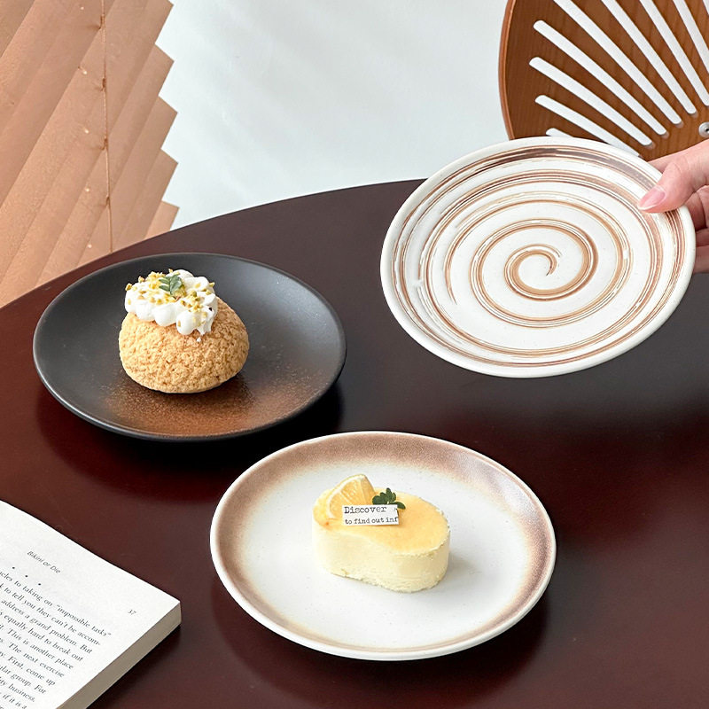 Japanese Retro Coil Ceramic Dessert Plate Steak Western Food Plate High-End Pasta Plate Cake Plate Round Plate Breakfast Plate