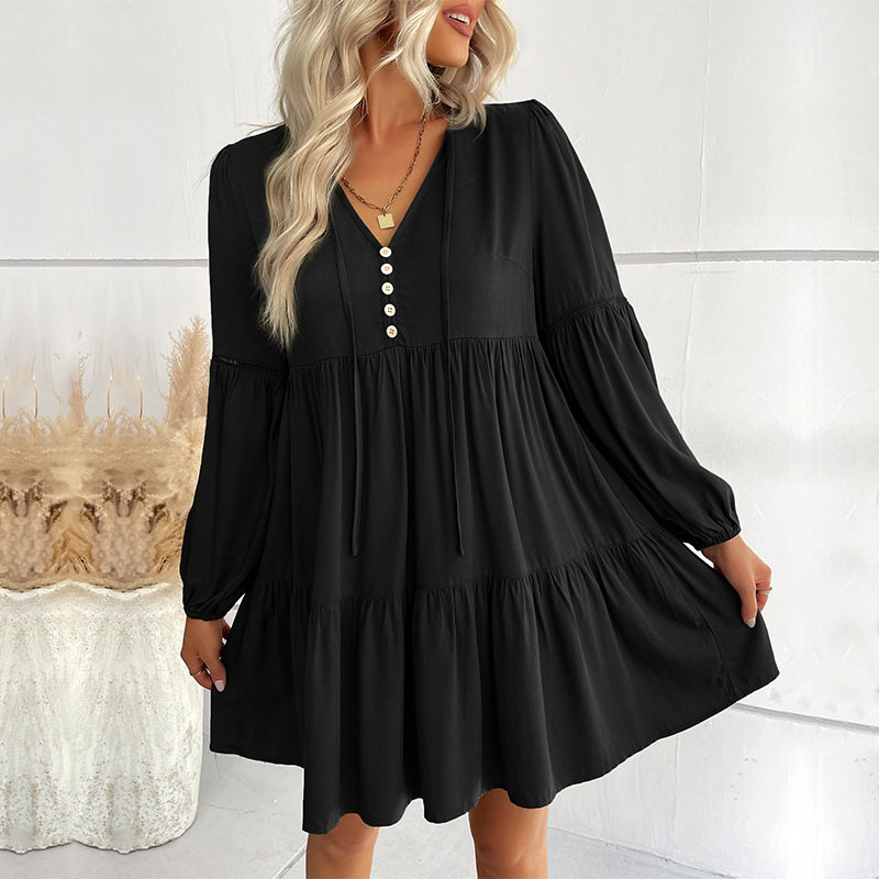 Short Loose V Neck Dress Wrinkled Design Solid Color Minimalist Style Autumn Fashion Wholesale Available