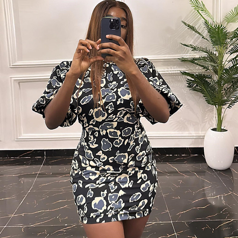 Fashionable Lantern Sleeve Mini Dress Stand Collar Printed Shoulder Pads Slim Fit Casual Summer Wear OEM Available