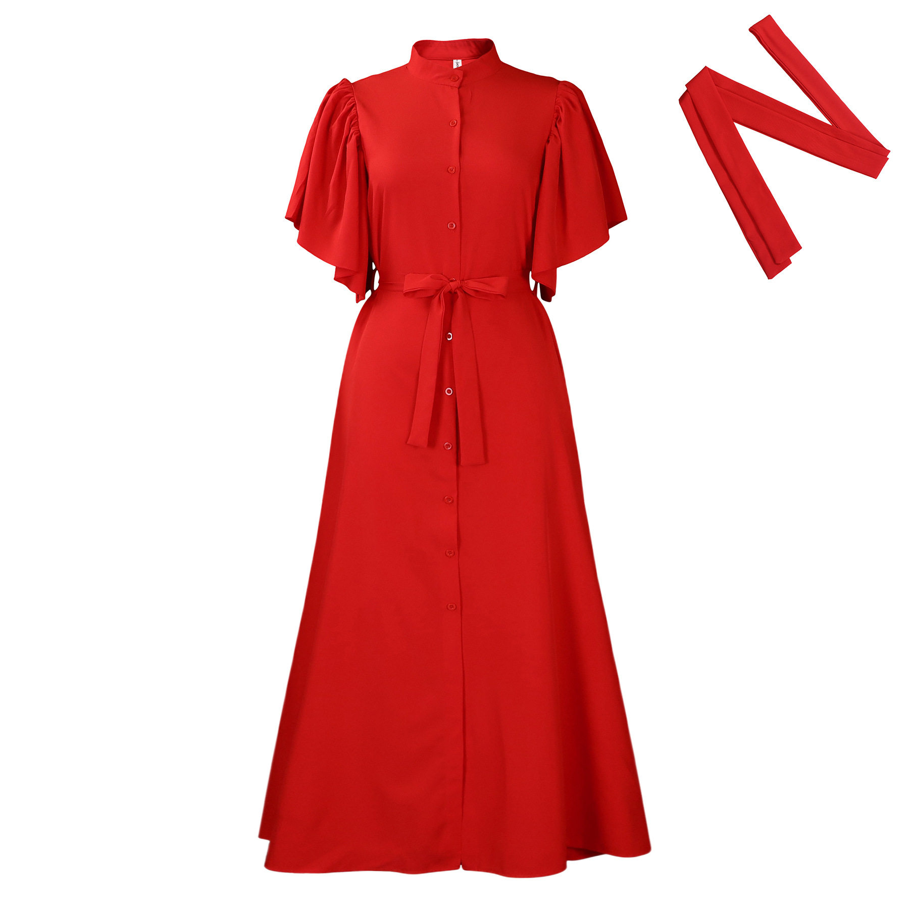 Fashionable Summer Long Dress Loose Fit Belted Single Breasted Flared Sleeves Perfect for Casual Outings