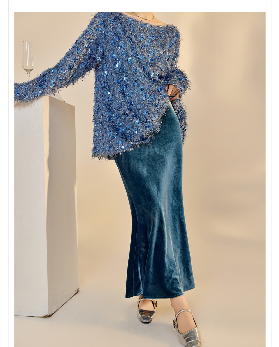 Set áo len dài tay cổ V đính sequin kèm chân váy nhung dài vừa — Váy màu lục lam (giao hàng trong 7 ngày), Váy màu lục lam (phát hành cùng ngày), Áo sequin (giao hàng trong 7 ngày), Áo sequin (giao hàng trong ngày)