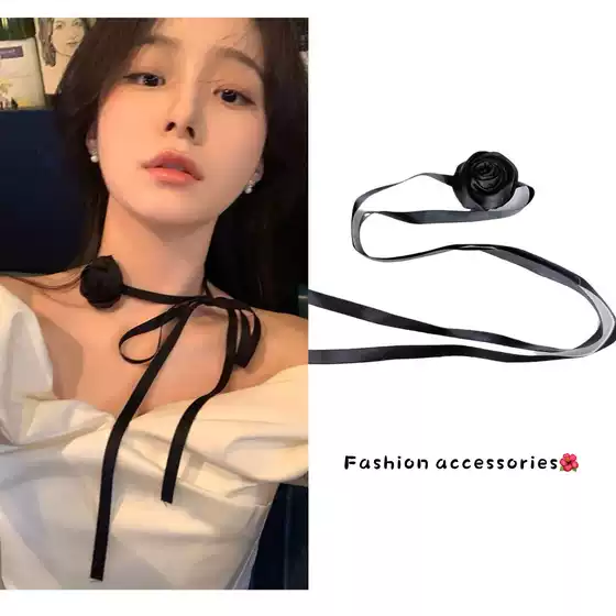 French romantic black and white rose flower strap ribbon choker necklace collar women's niche high-grade necklace