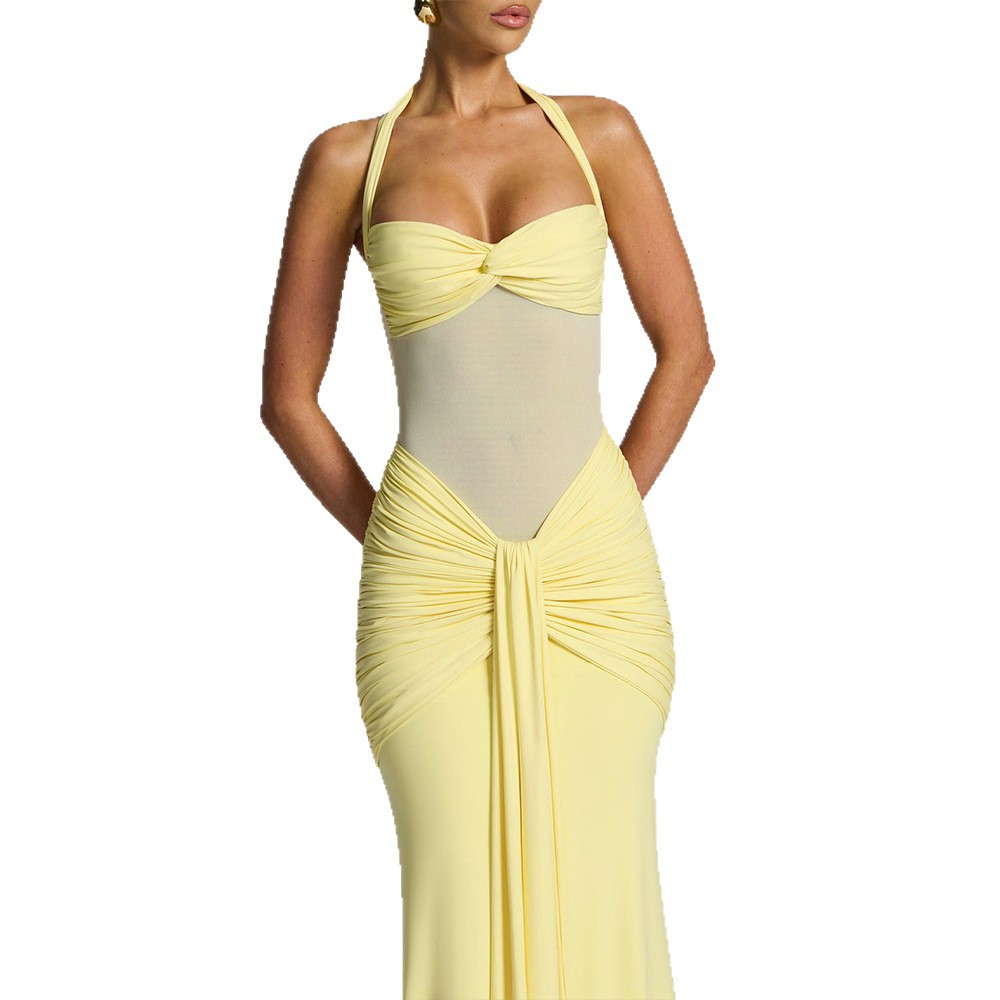 Sleeveless Bodycon Dress Solid Color Halter Neck Backless Sexy Fit Evening Wear Cocktail Party OEM Available