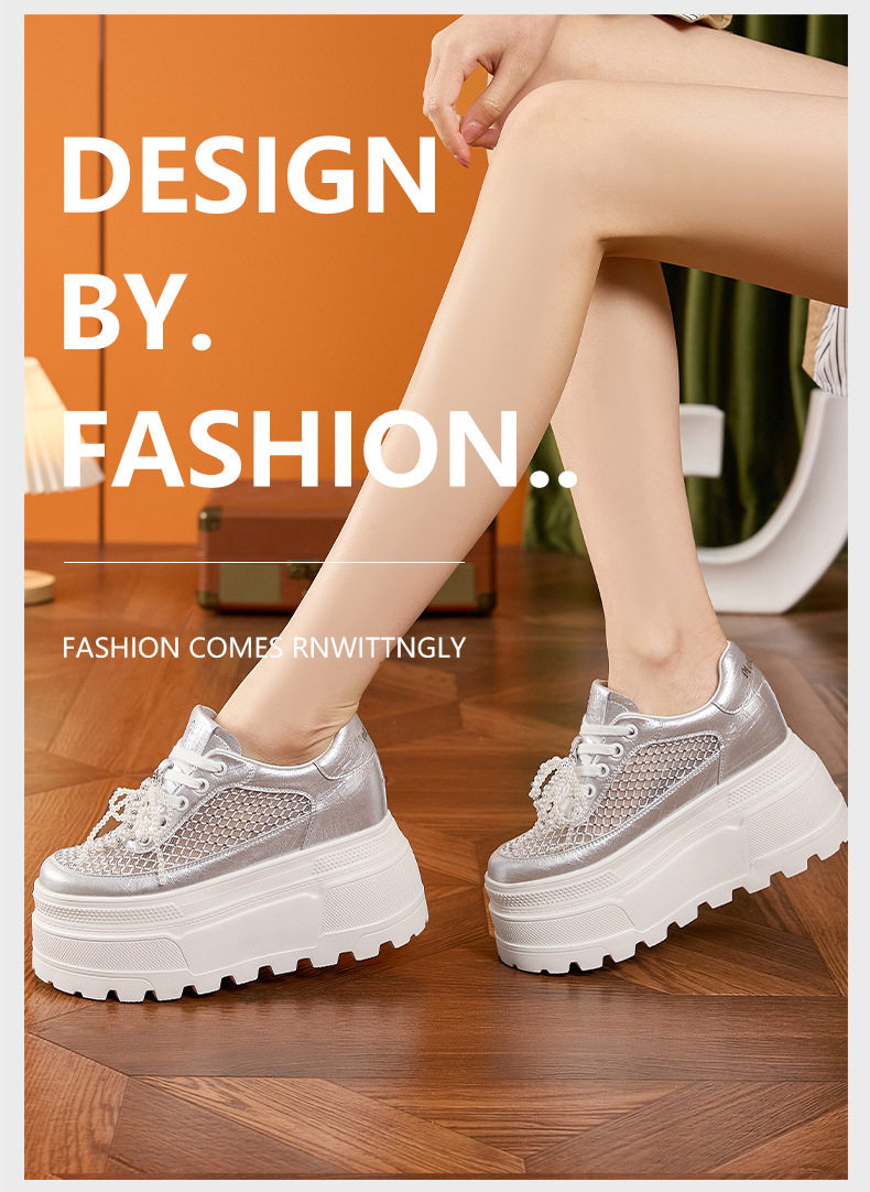 Giày sneaker nữ chunky đế dày rhinestone trắng 2025 — Bạc, Trắng chi tiết 10