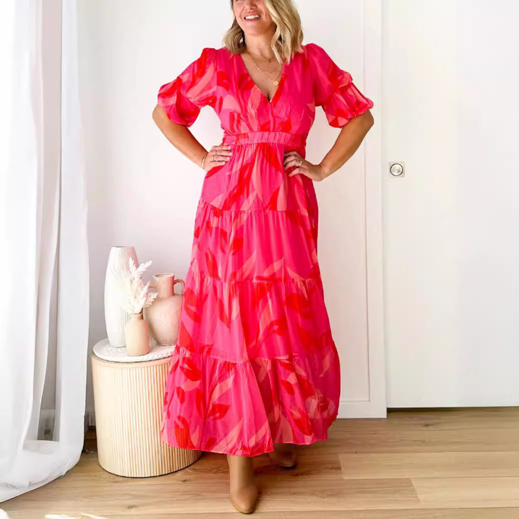 Summer Floral Print V Neck Dress Waist Defining Elegant Style Perfect for Casual Outings or Parties Wholesale