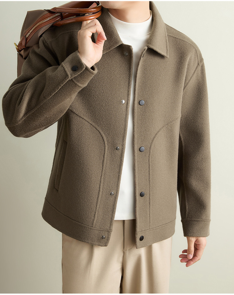 Áo khoác dạ ngắn nam hai mặt pha len lông cừu may thủ công cổ bẻ phong cách casual — Xám đậm, Cà phê đậm, Màu kaki