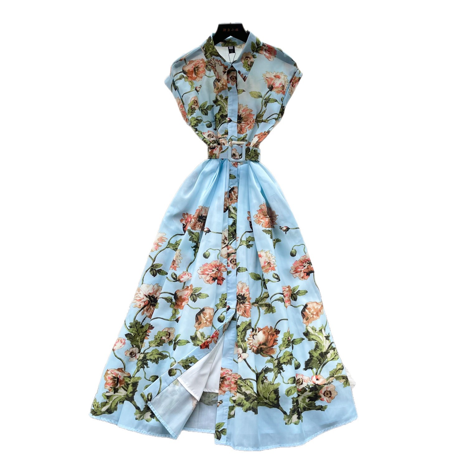 Elegant Floral Print Sleeveless Dress Slim Fit Waist Belt Lightweight Fabric Summer Casual Wear for Women Wholesale