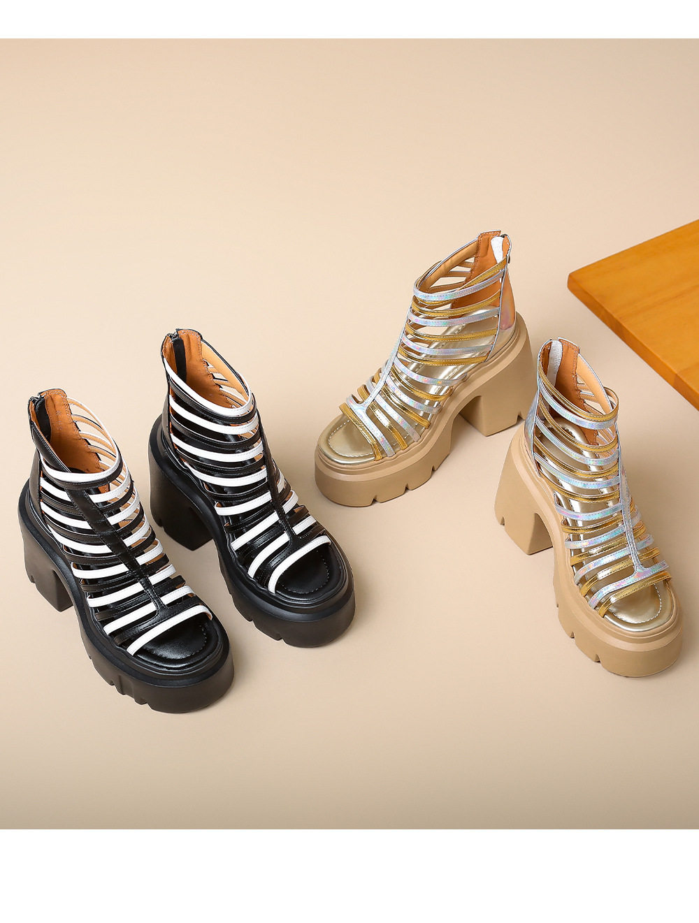 Sandal cao gót nữ mũi hở đế dày 12 cm phong cách La Mã khóa kéo sau — [Đen], [Vàng] chi tiết 15