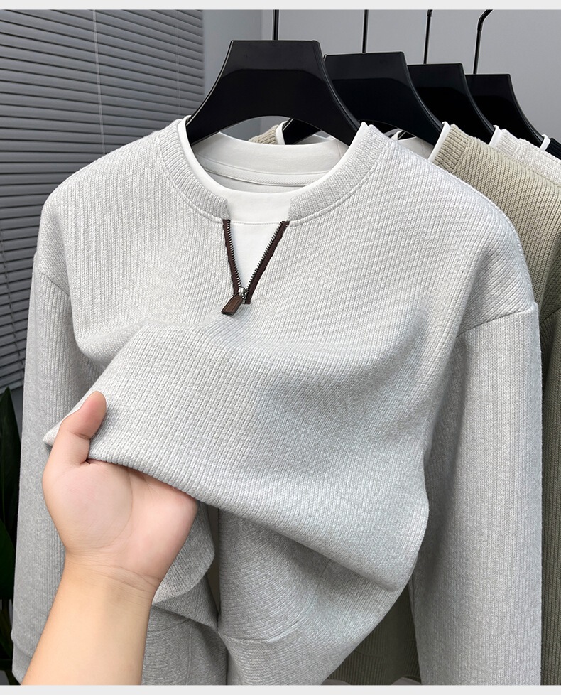 Áo nỉ dệt kim nam khóa kéo nửa thân cổ đứng phong cách công sở — Xanh đen, Màu trắng ngà, Xám nhạt, Xanh đậu