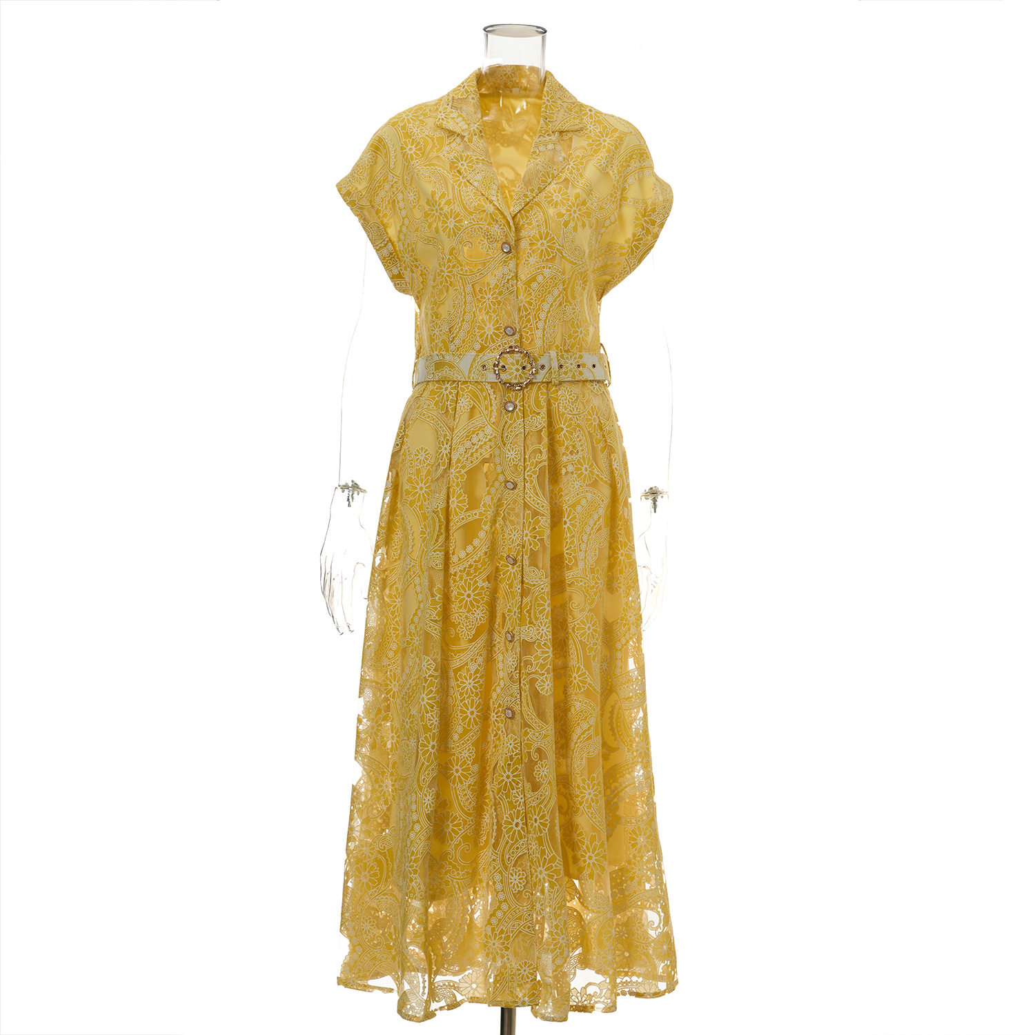 Lace Embroidered Floral Maxi Dress Summer Style Suit Collar Button Closure Waist Defined Elegance Wholesale