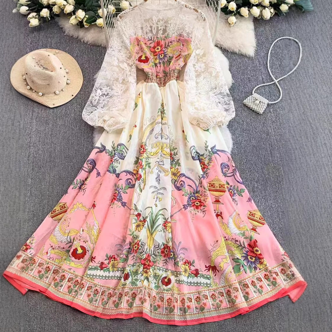 Elegant Lace Trimmed V Neck Dress Vintage Floral Print Waist Cinching Flared Skirt Spring Fall Occasion Wholesale