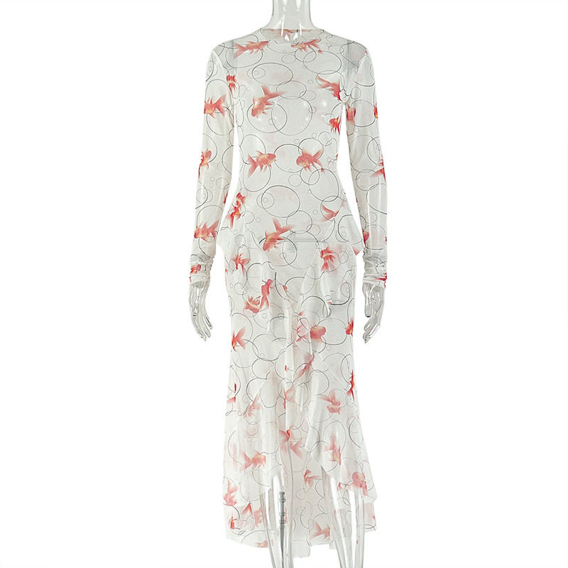 Womens Long Sleeve Bodycon Dress Fresh Goldfish Print High Neck Side Slit Casual or Party Wear OEM Available
