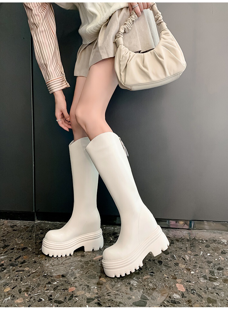 Boot nữ cổ cao da bò đế dày tăng chiều cao, khóa kéo sau, dáng ôm chân — Lớp lót đơn màu đen 12cm, Lớp lót đơn màu đen 15cm, Lớp lót đơn màu hồng 12cm, Lớp lót đơn màu hồng 15cm