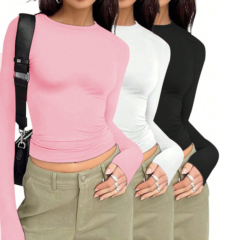 Womens Long Sleeve T Shirt Solid Color Slim Fit Versatile Style Spring Summer Casual Wear Wholesale Available