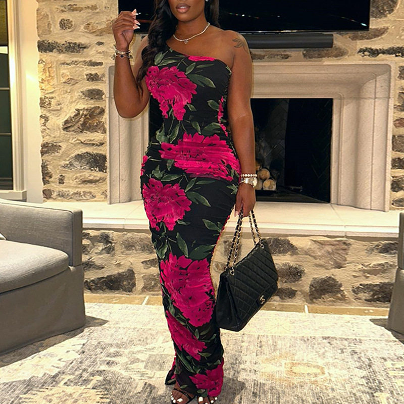 Sleeveless Asymmetrical Shoulder Dress Fashionable Floral Print Bodycon Fit Mid Length Casual Party Wear OEM