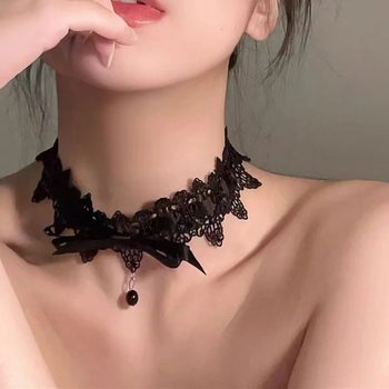 Dark Girl Lolita Style Lori Bow Lace Clavicle Chain Short Necklace Collar Neck Strap Female Choker