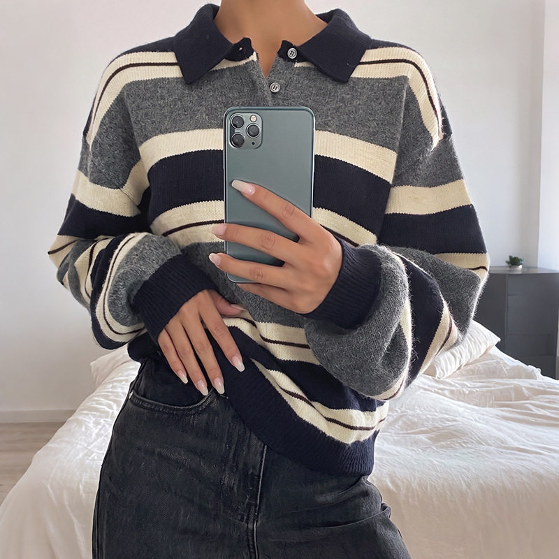 Korean Style Loose Striped Knit Sweater for Women Soft Fabric Elegant Collar Cozy Fit Perfect for Fall and Winter