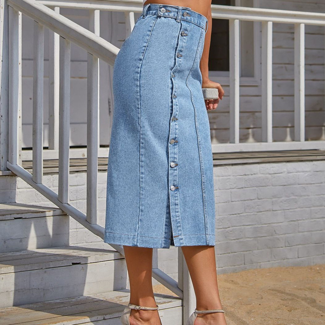 Fashionable Irregular Split Denim Maxi Skirt Womens Casual Style Perfect for Spring Summer Ready to Ship