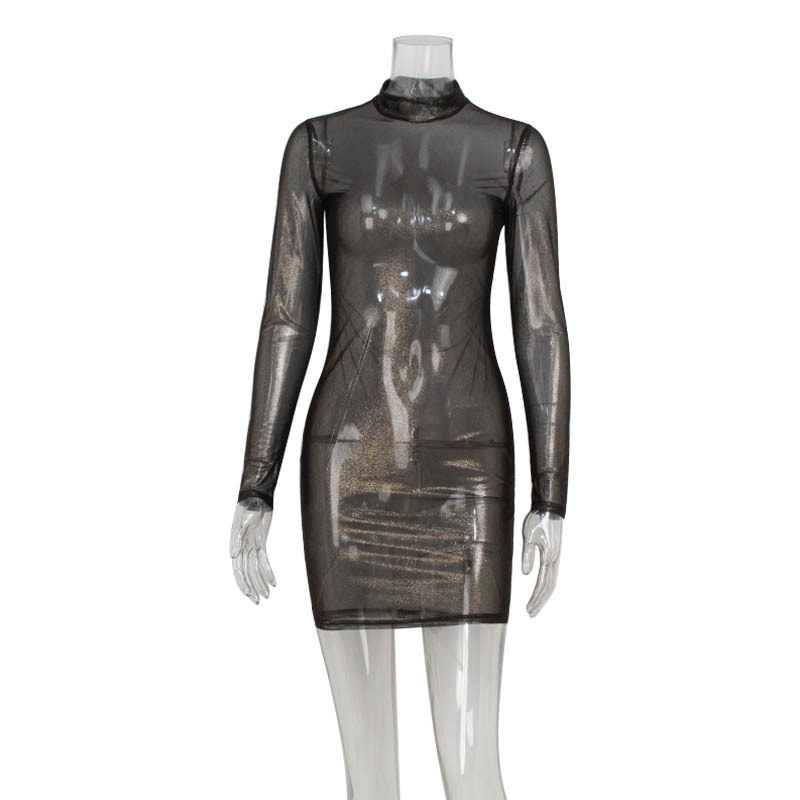 Womens Bodycon Dress Sheer Long Sleeves Gold Foil Detailing Slim Fit Elegant Evening Wear Wholesale Available