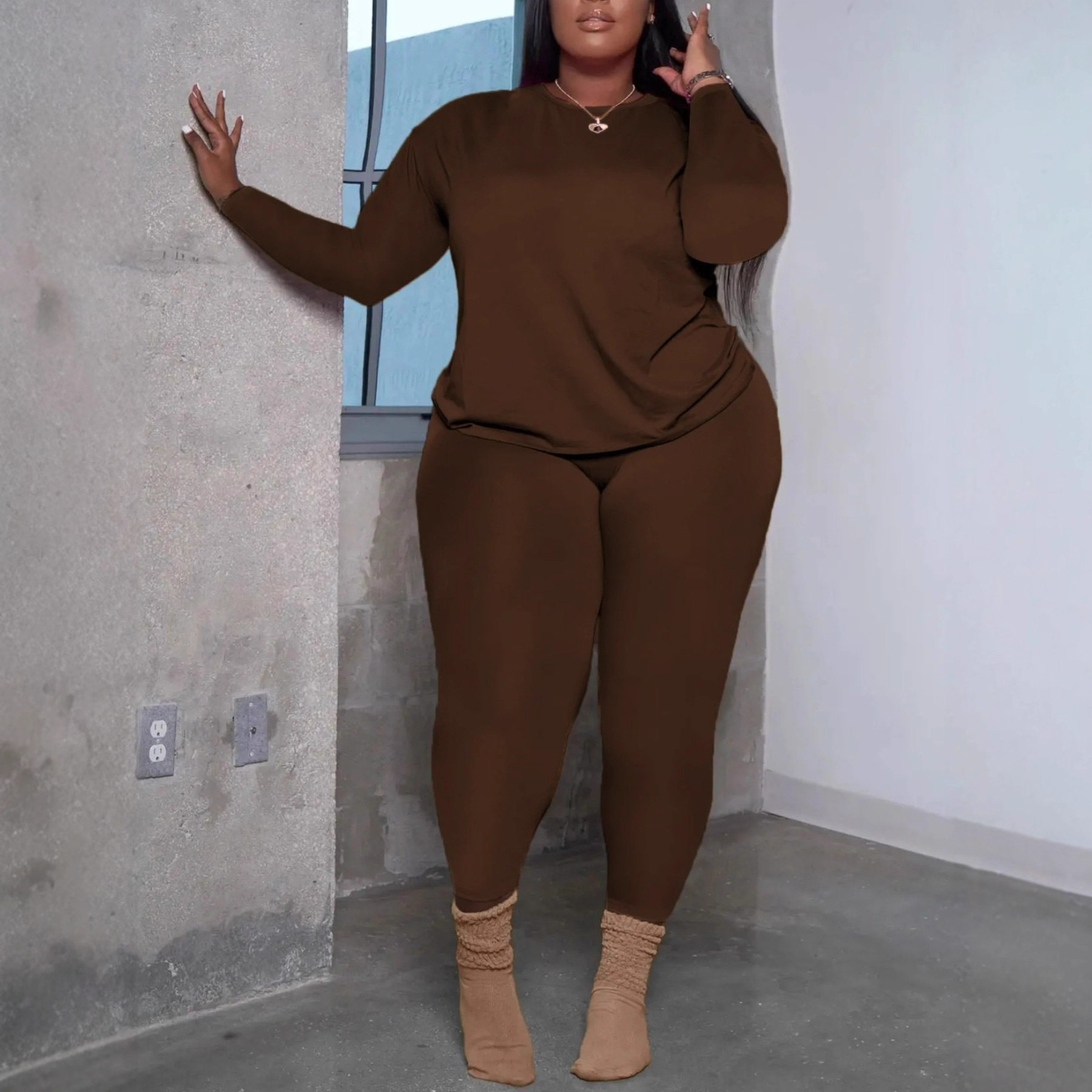 European and American New Large Size Women's Pure Color Two-Piece Suit, Long-Sleeved Round Neck T-Shirt Top and Tights Two-Piece Set