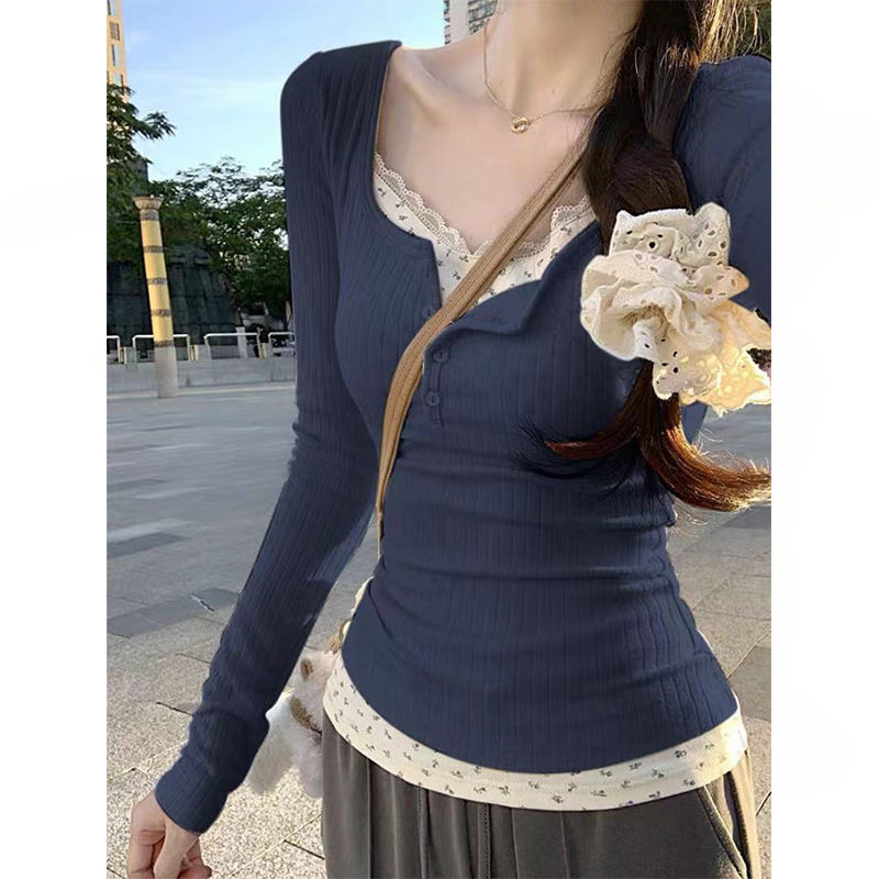 Lace Trim Floral Print Slim Fit Long Sleeve T Shirt for Women Casual Autumn Winter Style