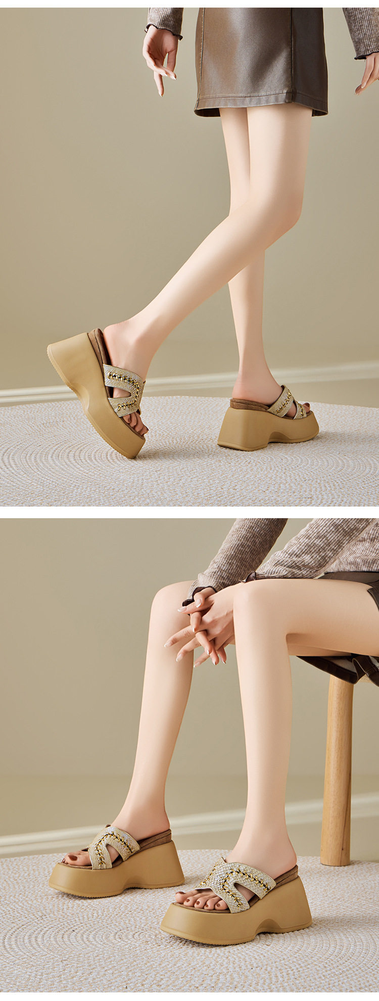 Sandal cao gót nữ hở mũi đế xuồng đan dây gót 10 cm — [Trắng], [Vàng] chi tiết 7