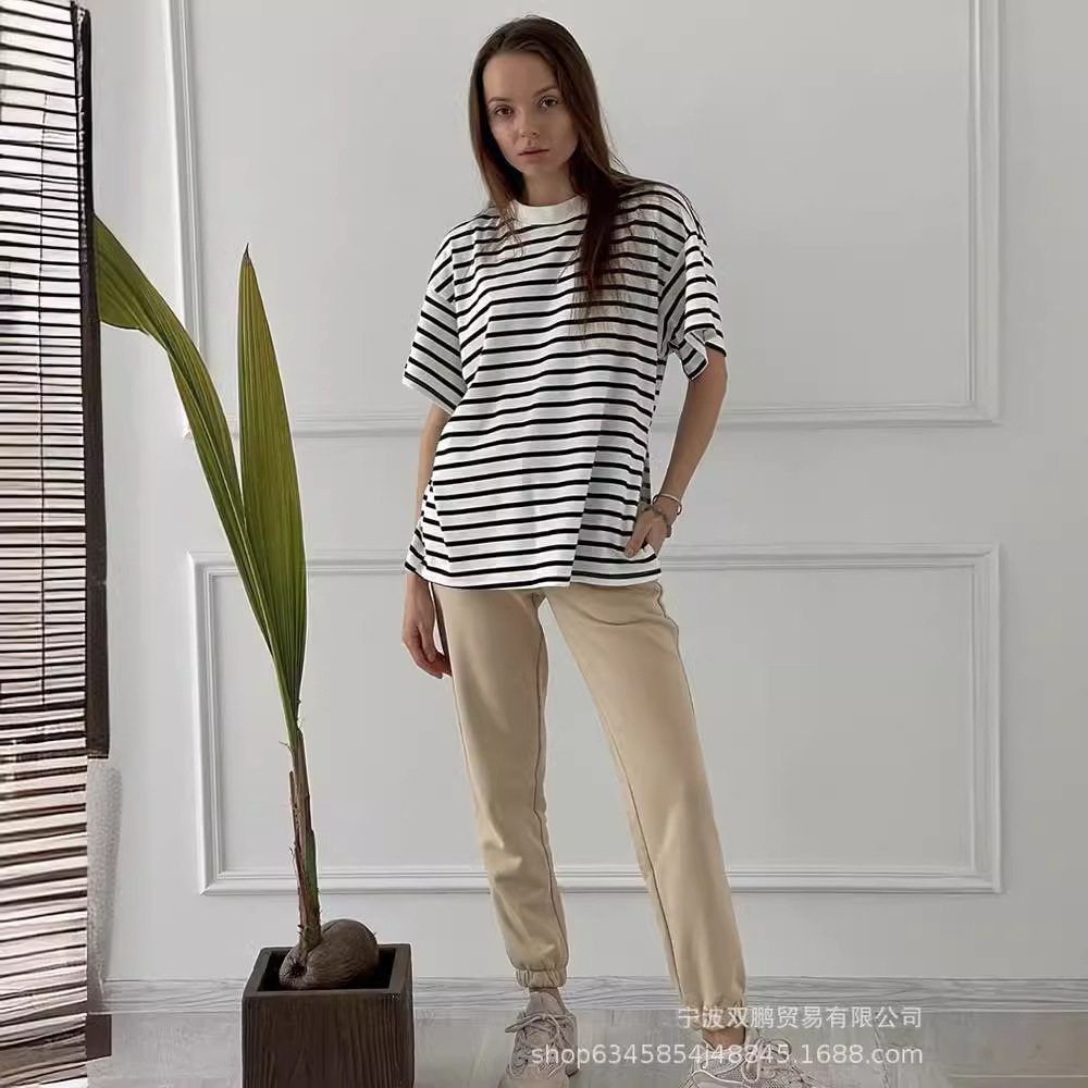 Womens Striped Cotton T Shirt Loose Fit Long Sleeve Split Hem Casual Spring Summer Style Wholesale Available